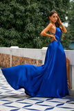 Robe A-ligne Bleu Royal Dos Nu en Satin