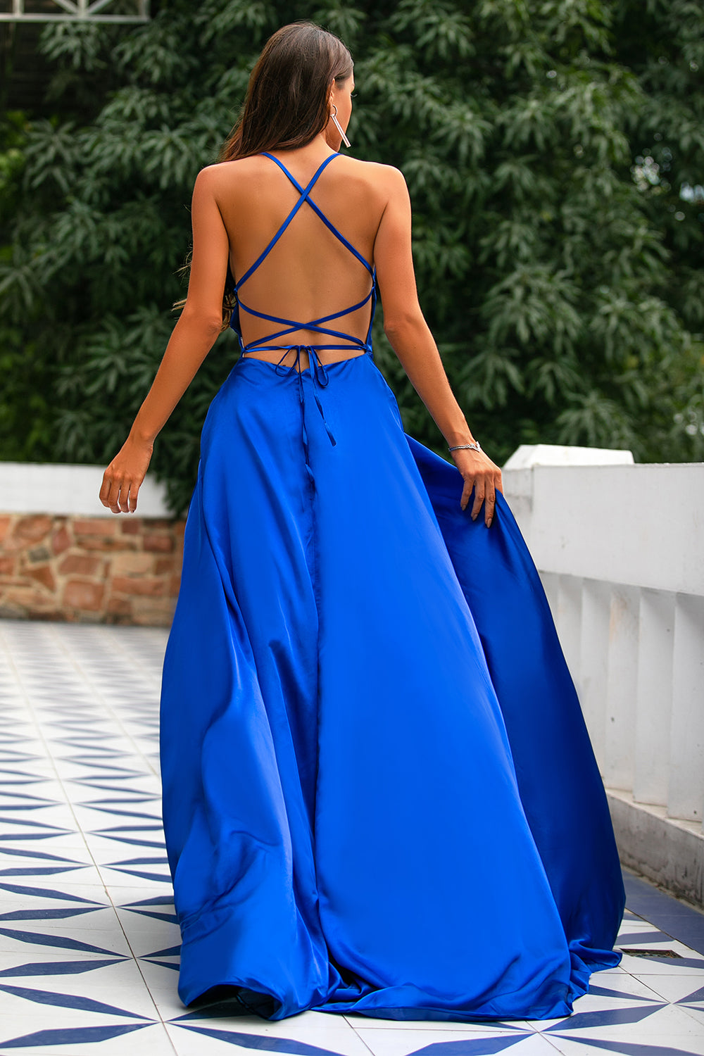 Robe A-ligne Bleu Royal Dos Nu en Satin