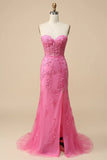 Rose Corset chérie longue dentelle sirène robe de Soirée avec fente