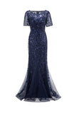 Robe Sirène à Manches Courtes Bleu Marine