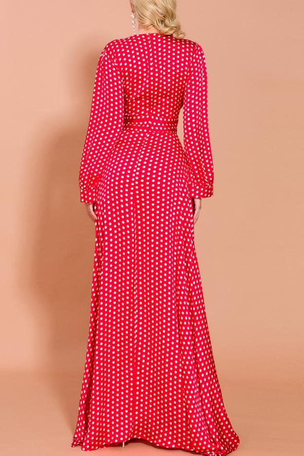 Robe Décontractée Bohème à Manches Longues à Pois Rouge
