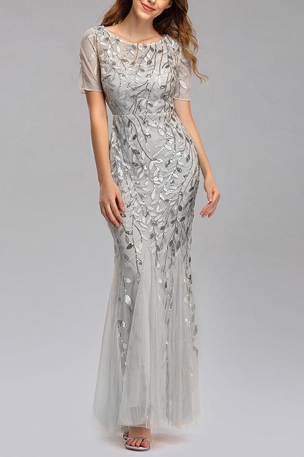 Robe Sirène à Manches Courtes en Argent