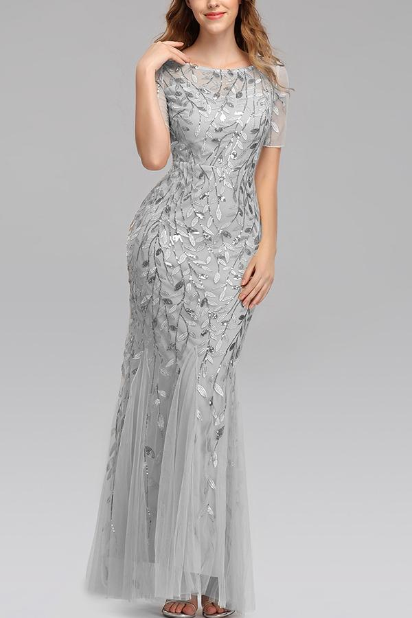Robe Sirène à Manches Courtes en Argent