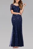 Robe Sirène à Manches Courtes Bleu Marine