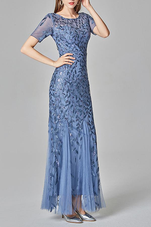 Zapaka Femme Robe de Soirée Sirène Bleue à Manches Courtes