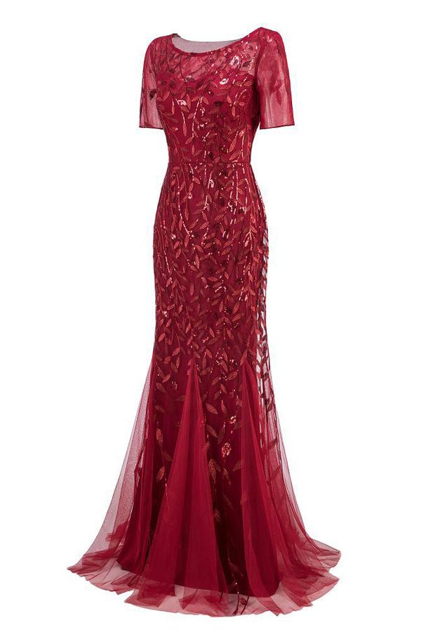 Zapaka Femme Robe de Soirée Sirène Rouge à Manches Courtes