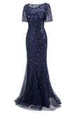 Robe Sirène à Manches Courtes Bleu Marine