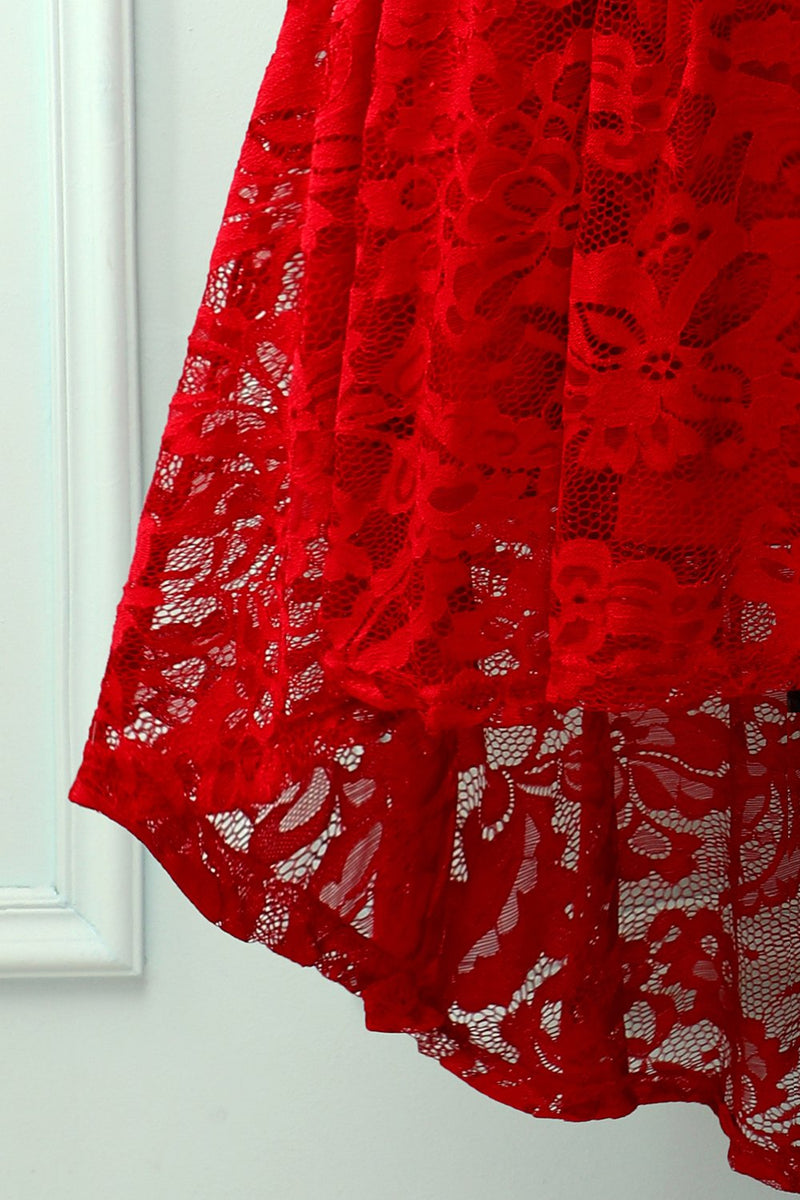 Charger l&#39;image dans la galerie, Robe asymétrique en dentelle rouge foncé