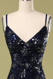 Robe de soirée bleu marine avec paillettes perlées