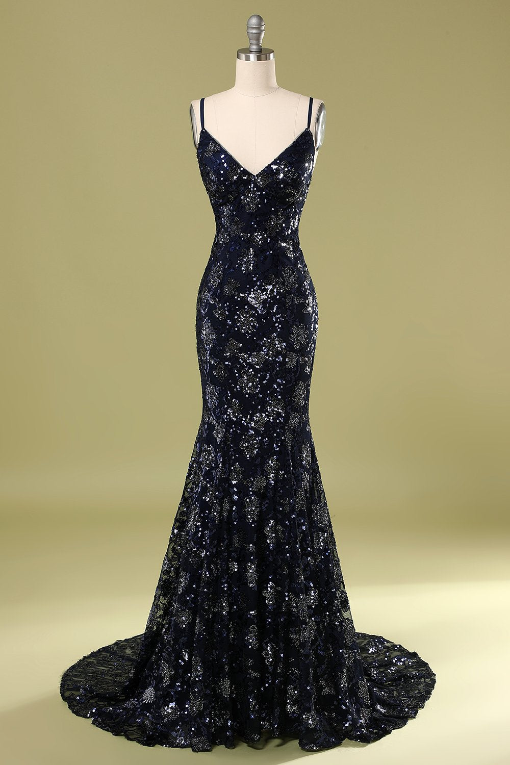 Robe de soirée bleu marine avec paillettes perlées