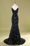 Robe de soirée bleu marine avec paillettes perlées