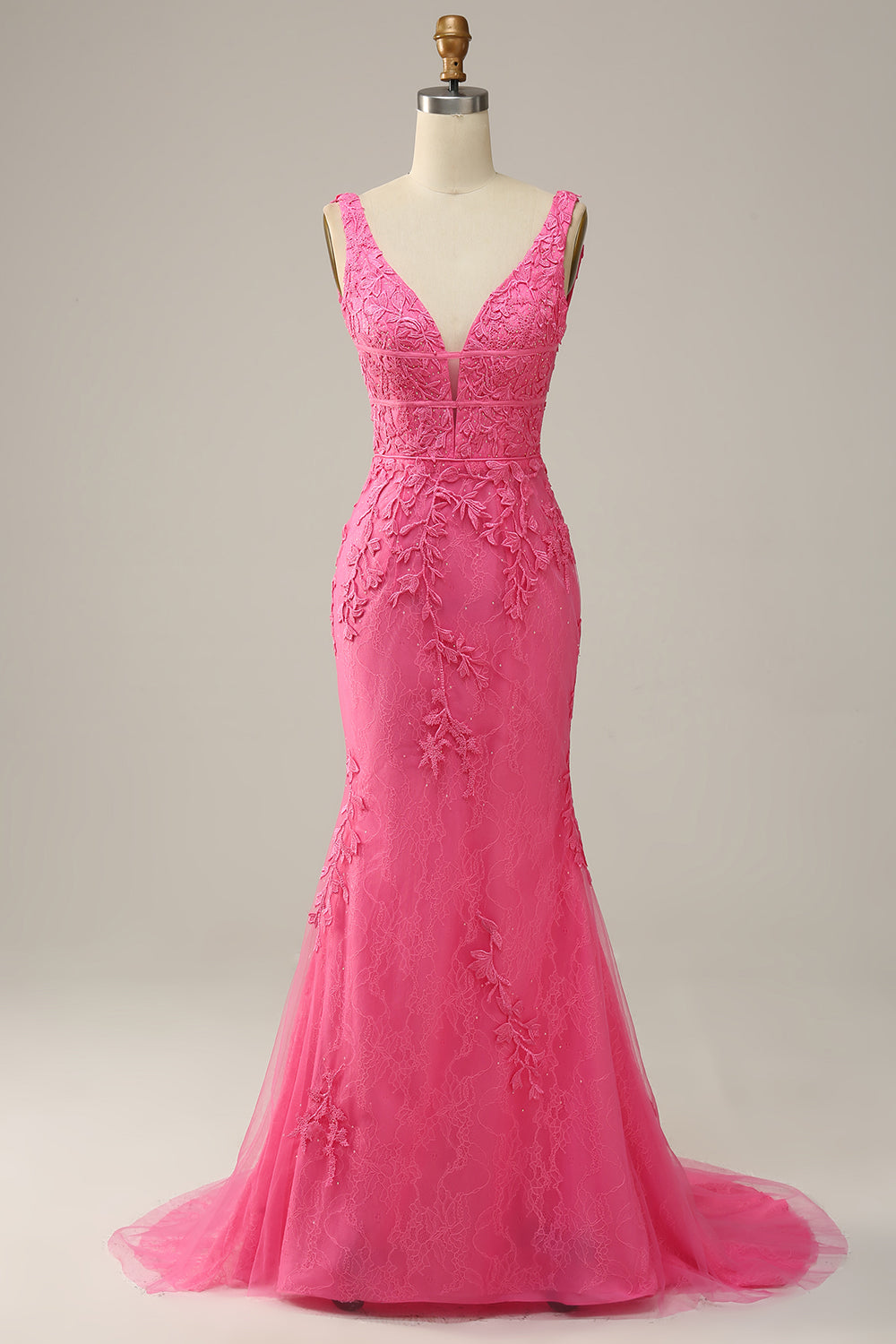 Robe de Soirée longue rose vif à col en V profond sirène avec dos ouvert