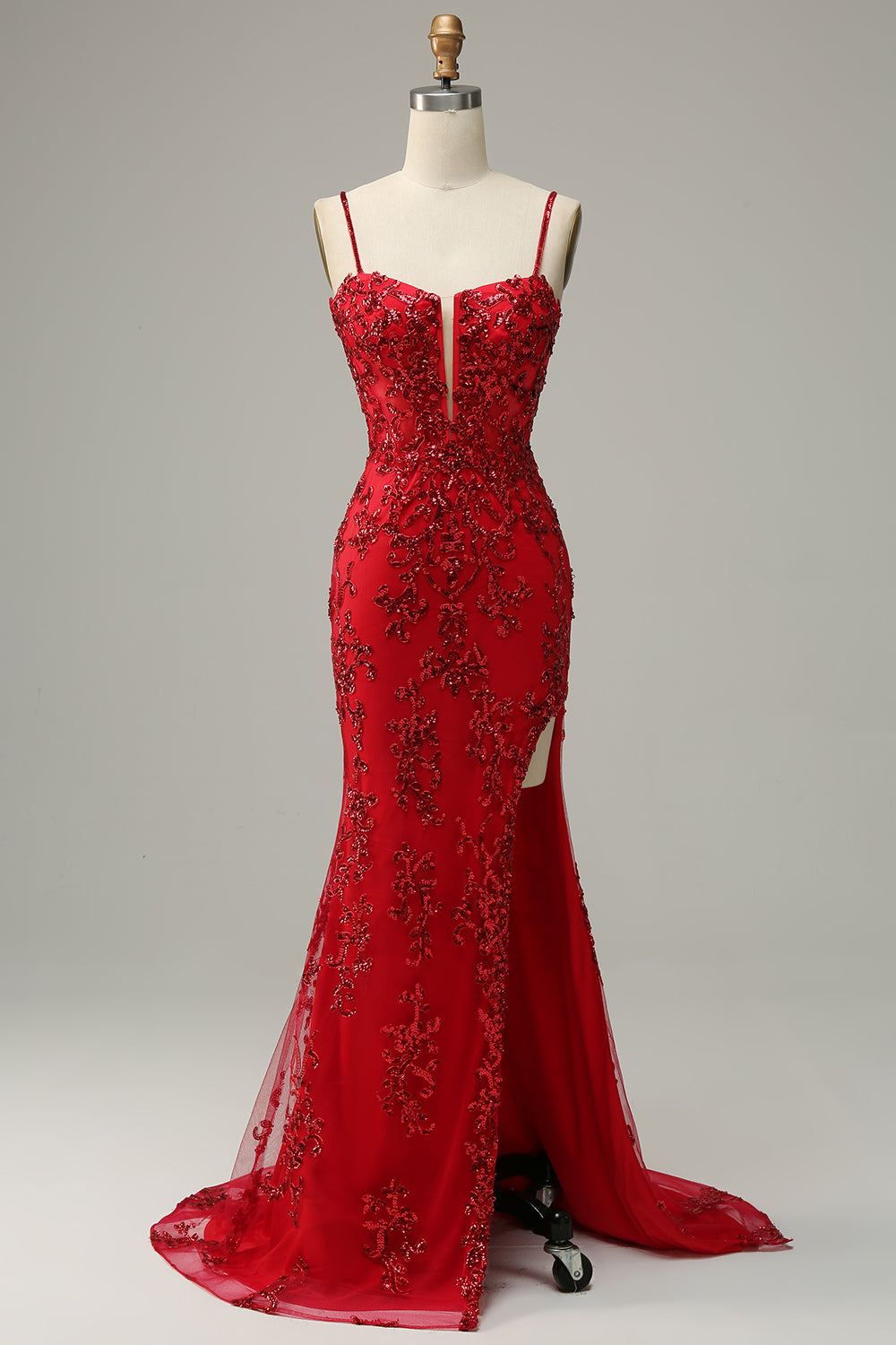 Sangles Spaghetti Sirène Paillettes Noires Robe longue de bal avec front fendu