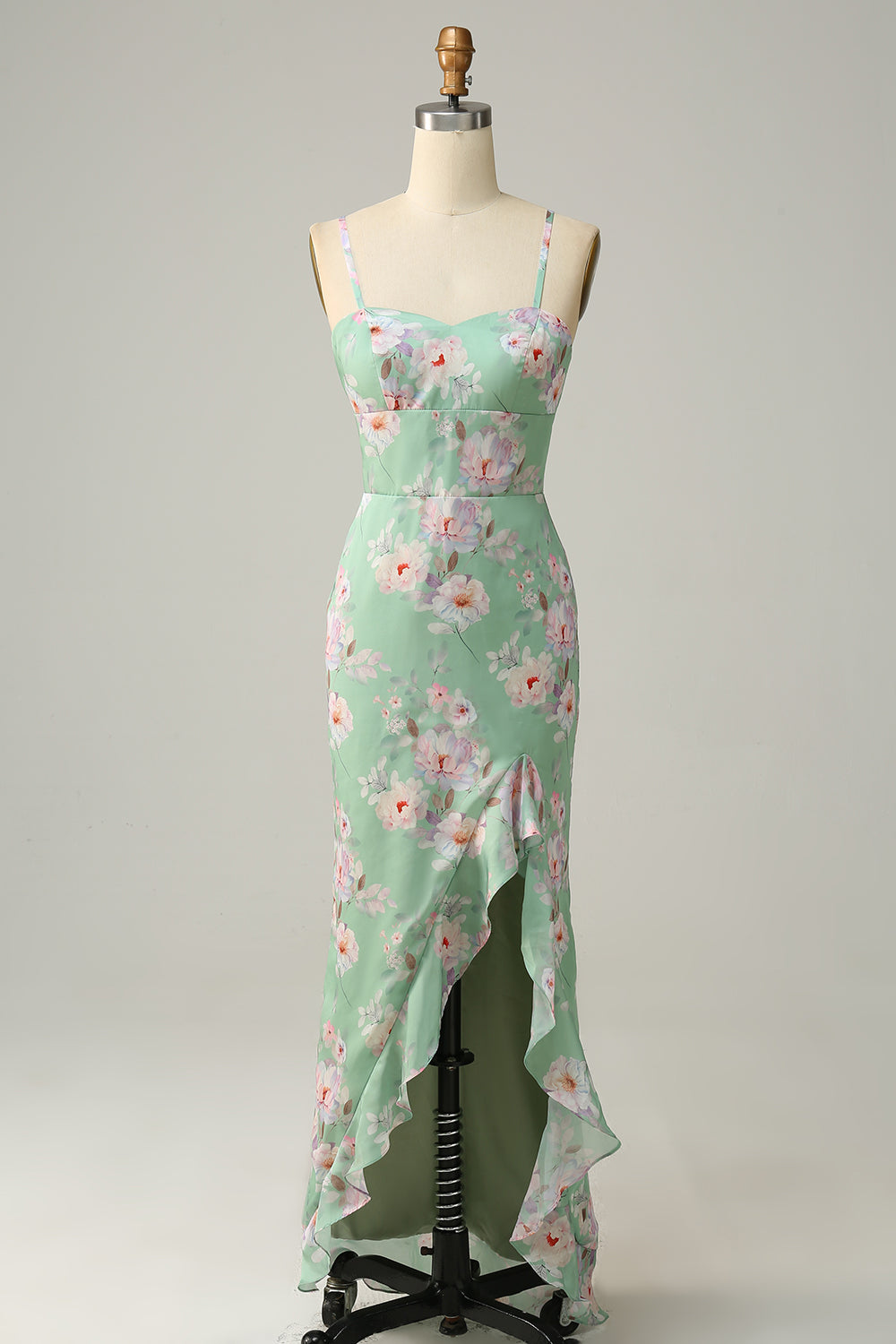 Spaghetti fourreaux Straps Light Green Floral Printed Bridesmaid Dress with Split Front