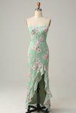 Spaghetti fourreaux Straps Light Green Floral Printed Bridesmaid Dress with Split Front
