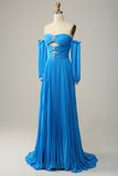 Une ligne de la robe de Soirée longue bleue à l’épaule avec perles