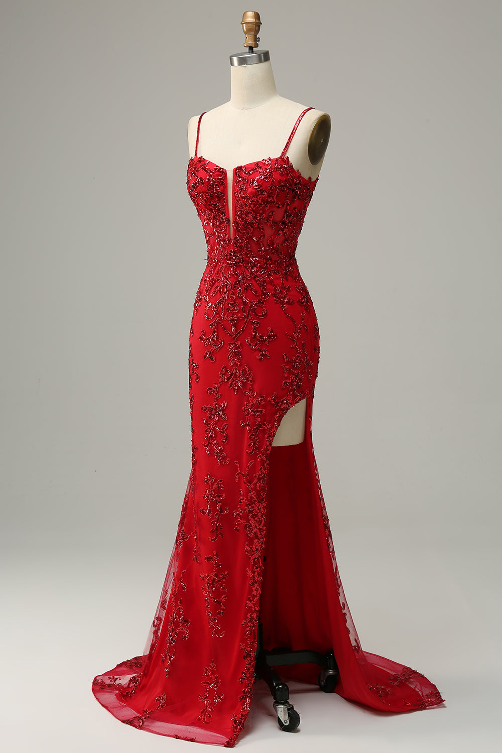 Sangles Spaghetti Sirène Paillettes Noires Robe longue de bal avec front fendu