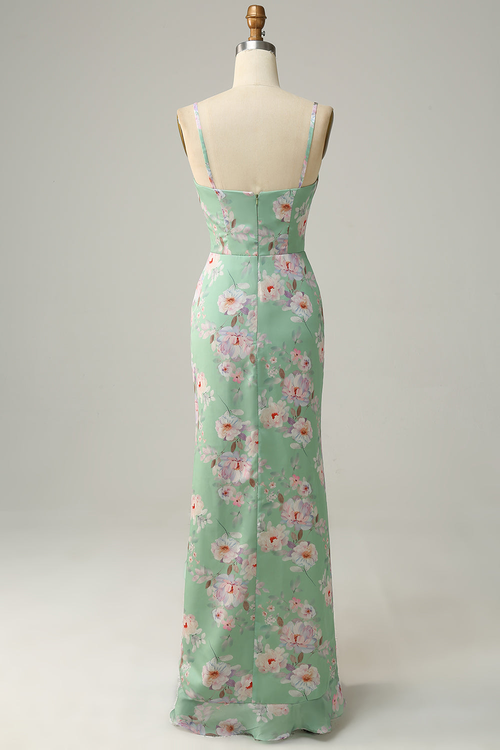 Spaghetti fourreaux Straps Light Green Floral Printed Bridesmaid Dress with Split Front