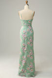 Spaghetti fourreaux Straps Light Green Floral Printed Bridesmaid Dress with Split Front