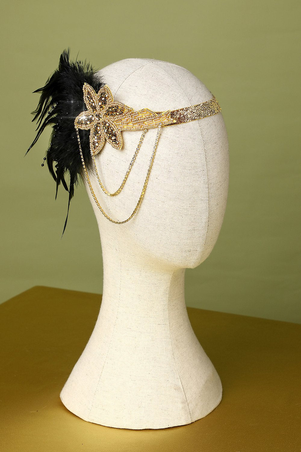 Zapaka Rétro Bandeau Perlé des Années 1920 en Plumes Noir et Or