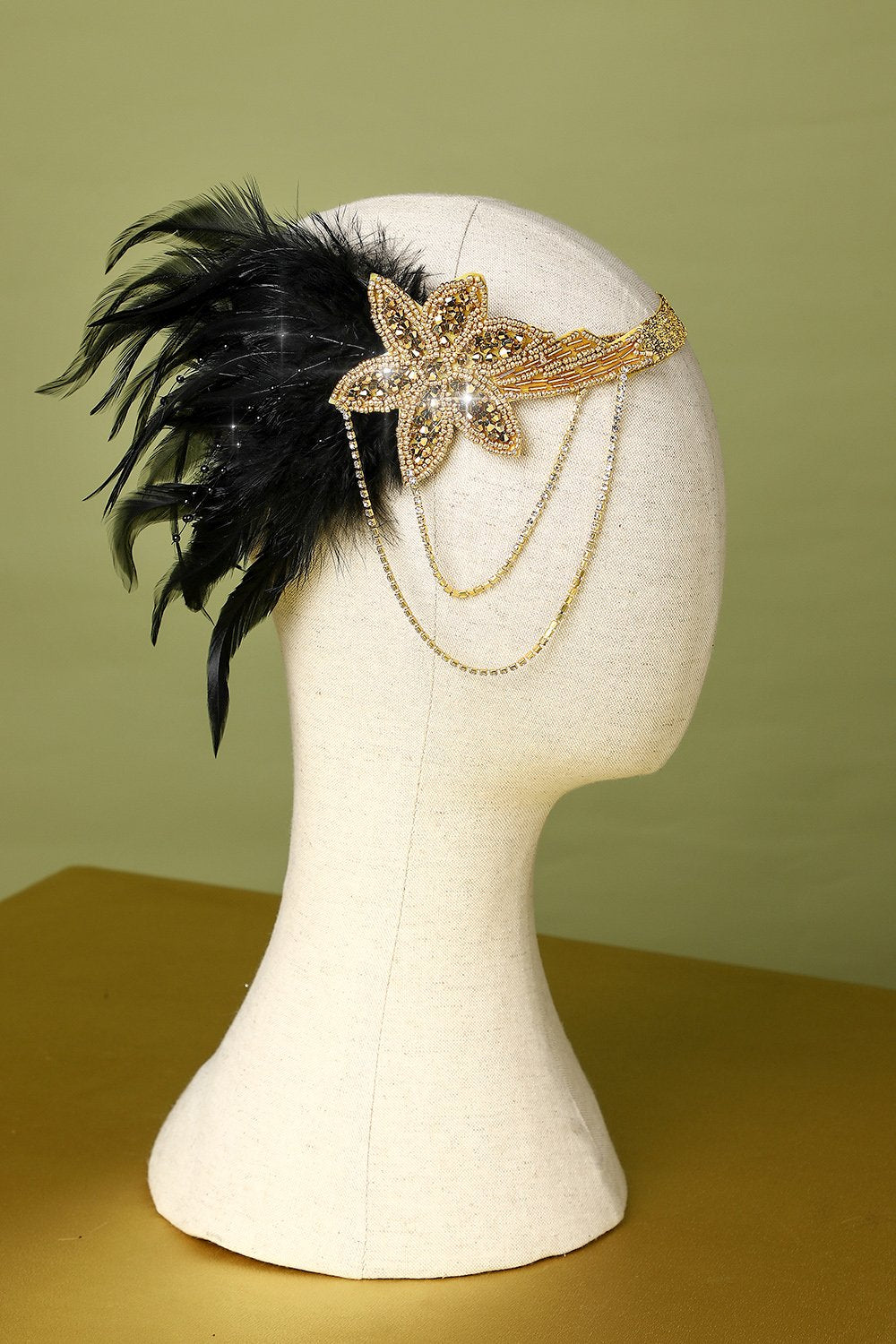 Zapaka Rétro Bandeau Perlé des Années 1920 en Plumes Noir et Or