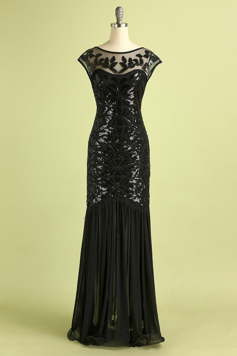 Robe de soirée longue Gatsby Maxi à sequins noirs des années 1920