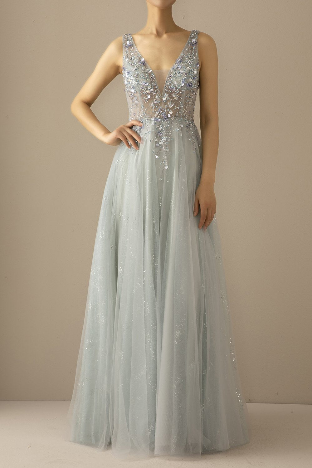 Robe De Soirée Longue A Ligne Tulle Gris Bleu