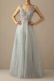 Robe De Soirée Longue A Ligne Tulle Gris Bleu