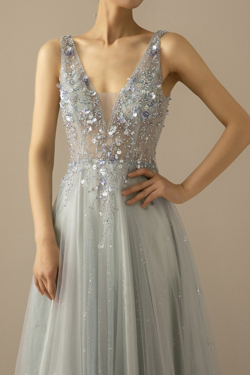 Robe De Soirée Longue A Ligne Tulle Gris Bleu