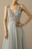Robe De Soirée Longue A Ligne Tulle Gris Bleu