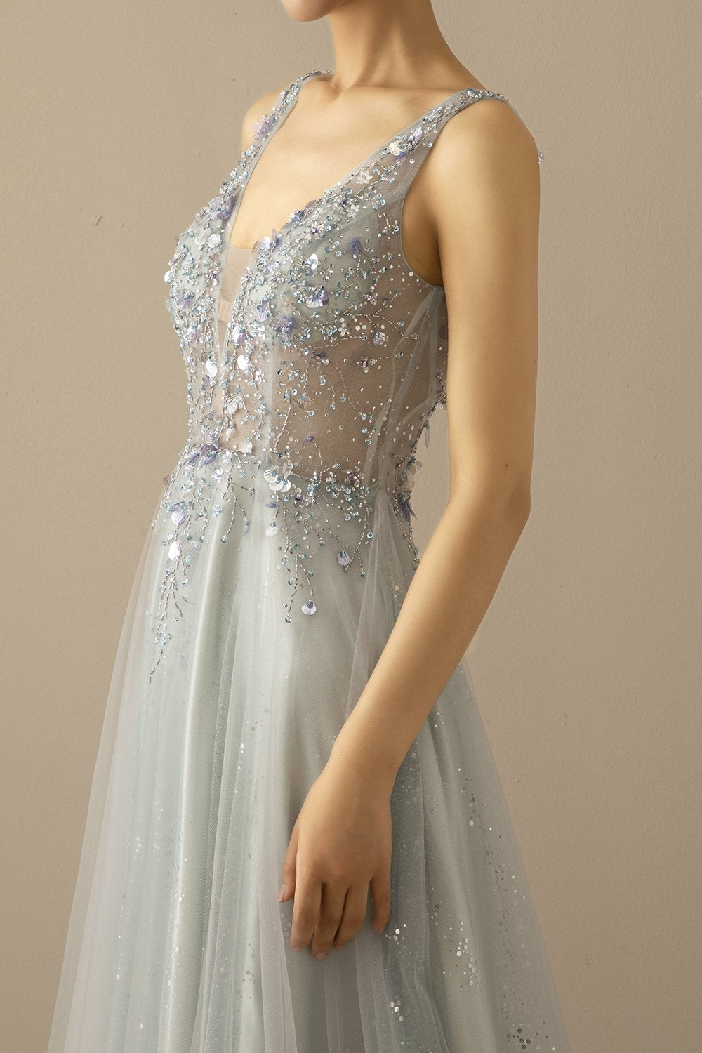 Robe De Soirée Longue A Ligne Tulle Gris Bleu