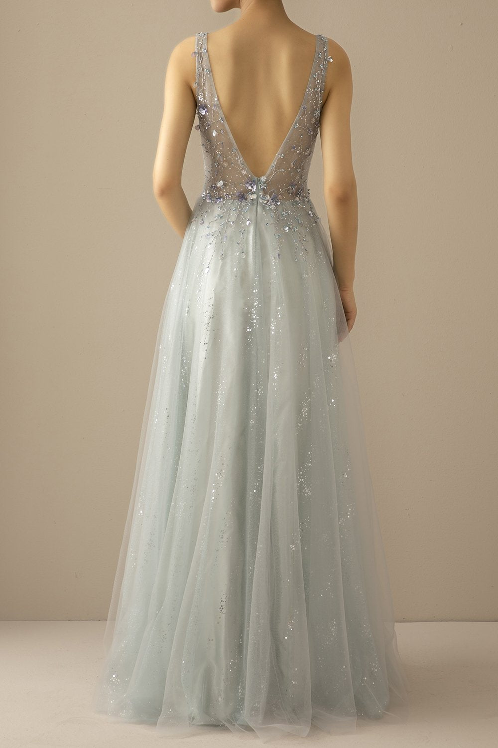 Robe De Soirée Longue A Ligne Tulle Gris Bleu