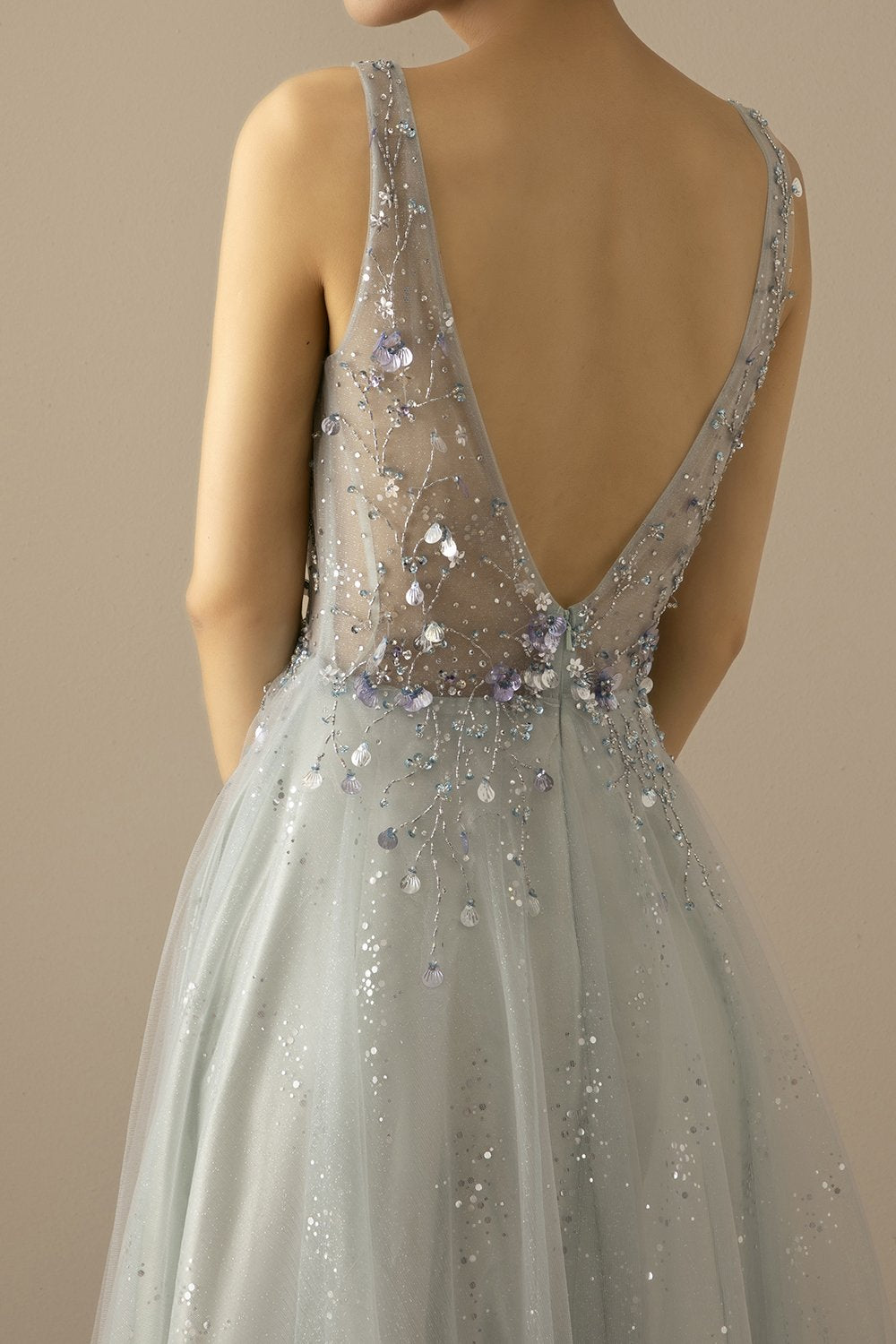Robe De Soirée Longue A Ligne Tulle Gris Bleu