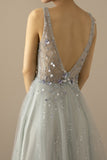 Robe De Soirée Longue A Ligne Tulle Gris Bleu