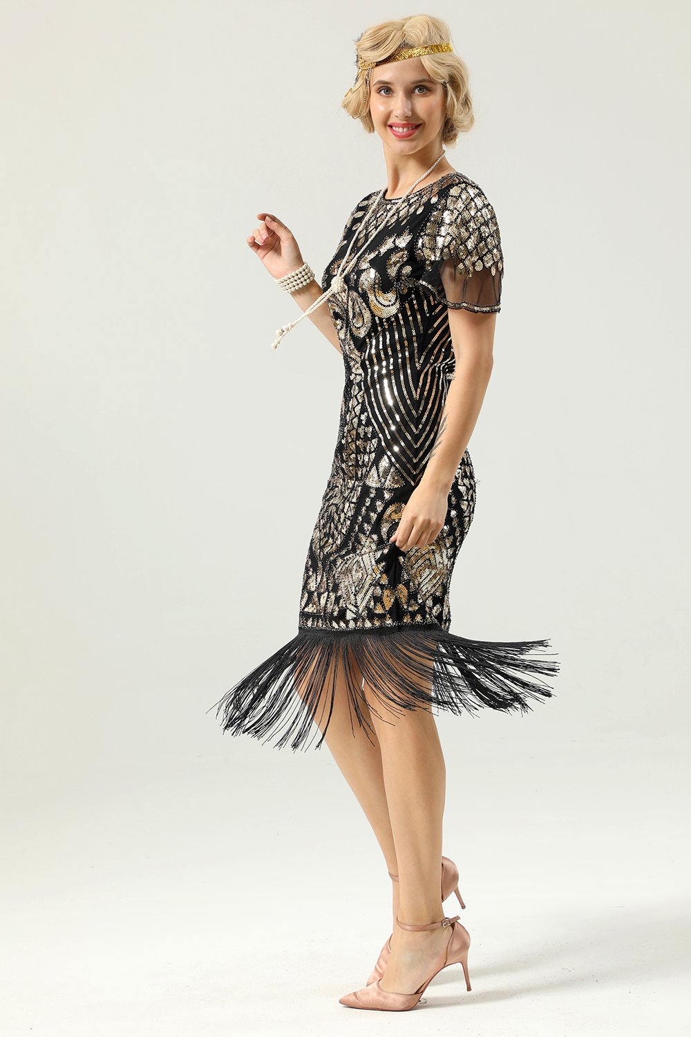 Robe à paillettes noir et or 1920 avec manches Batwing