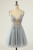 Magnifique A Line Spaghetti Straps Gris Robe de cocktail avec Perles