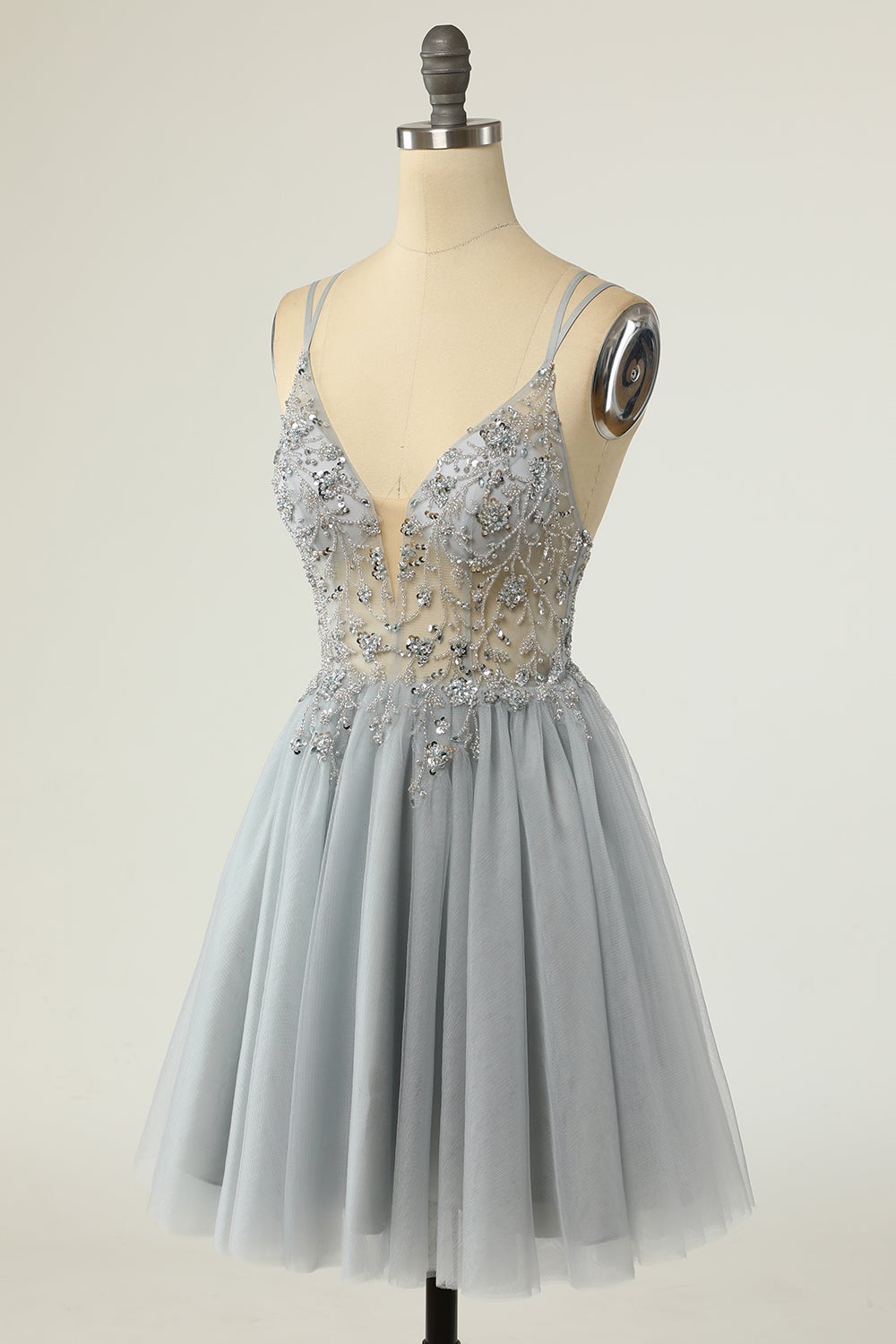 Magnifique A Line Spaghetti Straps Gris Robe de cocktail avec Perles