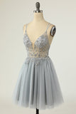 Magnifique A Line Spaghetti Straps Gris Robe de cocktail avec Perles