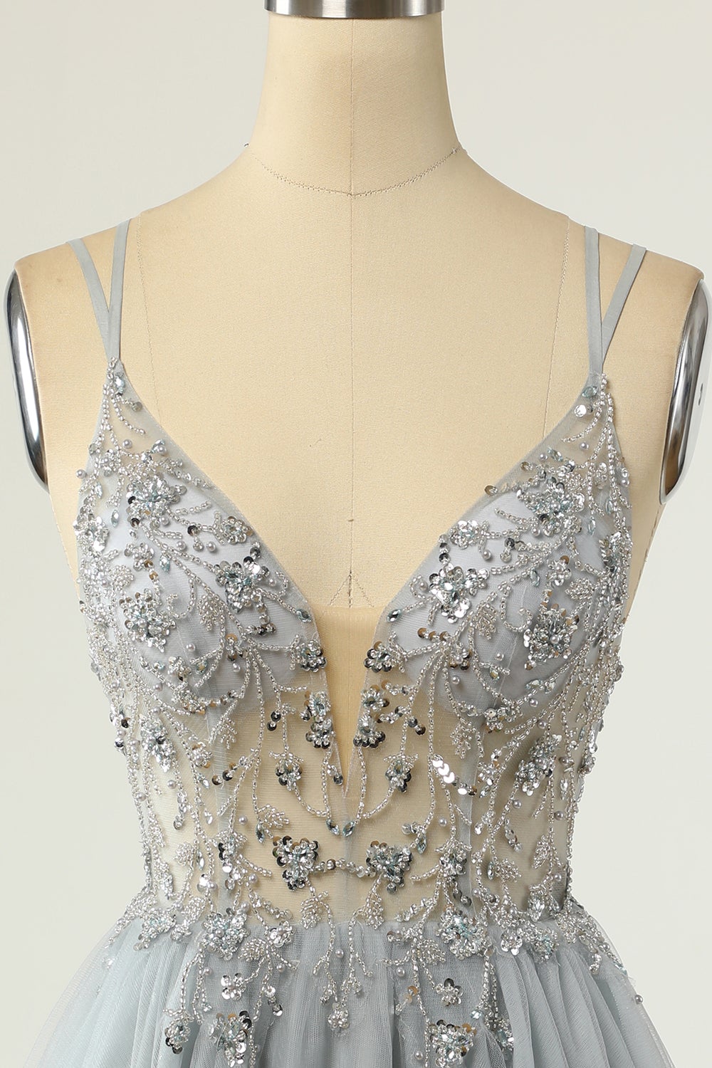 Magnifique A Line Spaghetti Straps Gris Robe de cocktail avec Perles