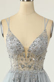 Magnifique A Line Spaghetti Straps Gris Robe de cocktail avec Perles