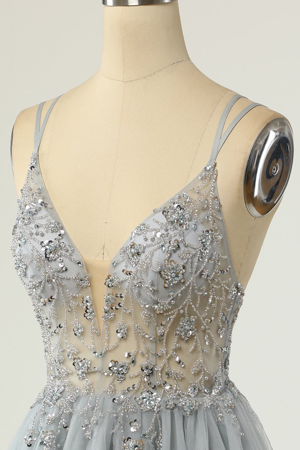 Magnifique A Line Spaghetti Straps Gris Robe de cocktail avec Perles