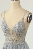 Magnifique A Line Spaghetti Straps Gris Robe de cocktail avec Perles