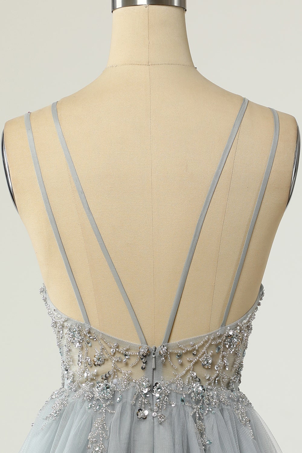 Magnifique A Line Spaghetti Straps Gris Robe de cocktail avec Perles