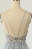 Magnifique A Line Spaghetti Straps Gris Robe de cocktail avec Perles
