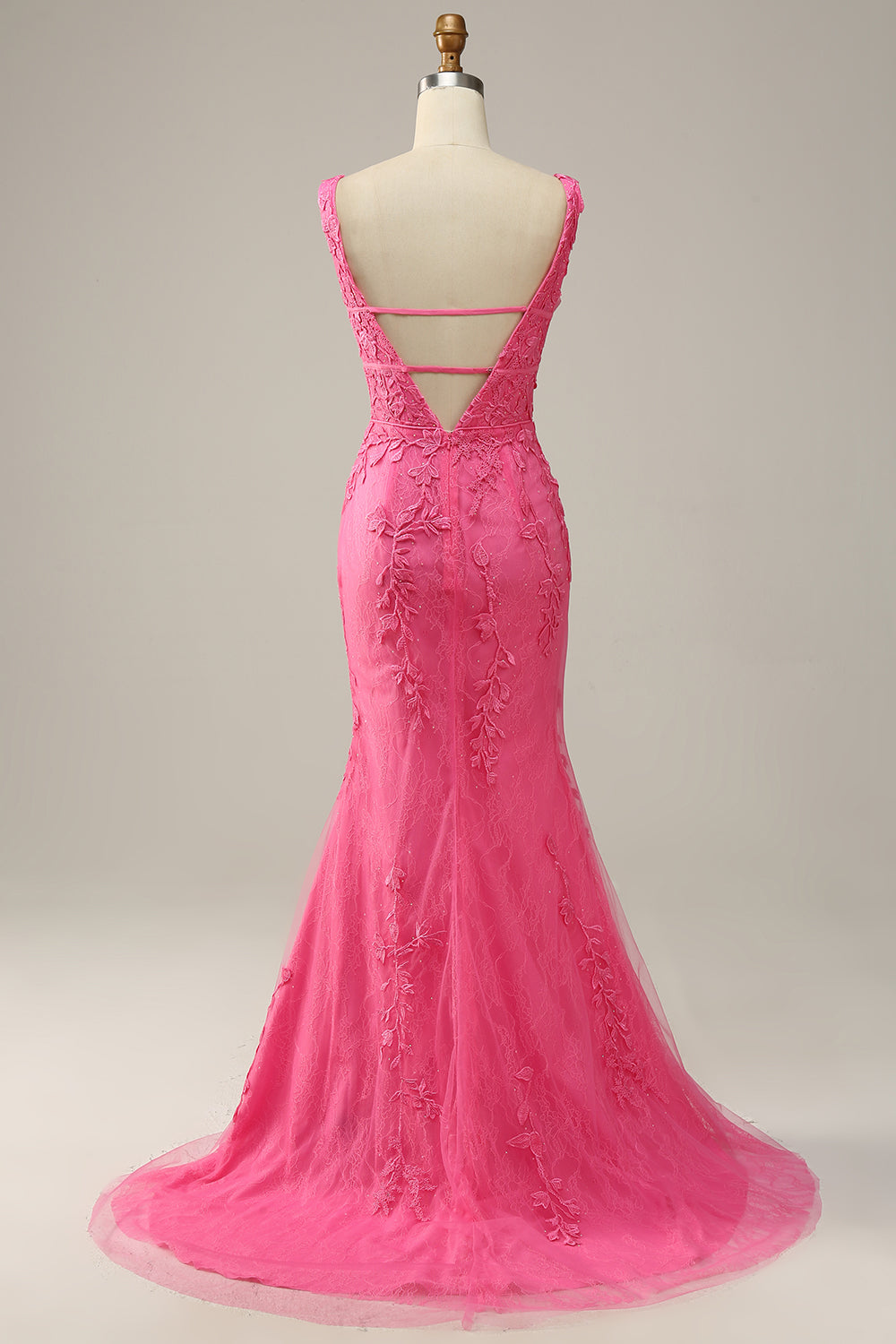 Robe de Soirée longue rose vif à col en V profond sirène avec dos ouvert