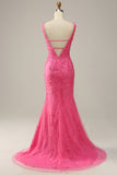 Robe de Soirée longue rose vif à col en V profond sirène avec dos ouvert