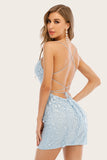 Robe de retour courte bleu clair avec perles de dentelle