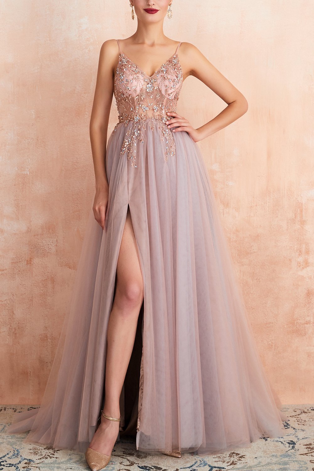 Robe A-ligne Col V Gris Rose en Tulle