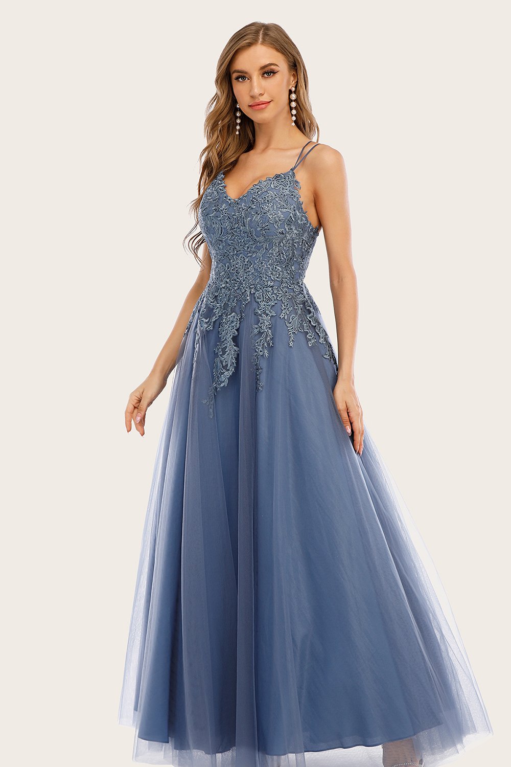 Robe dusty blue long prom avec dentelle