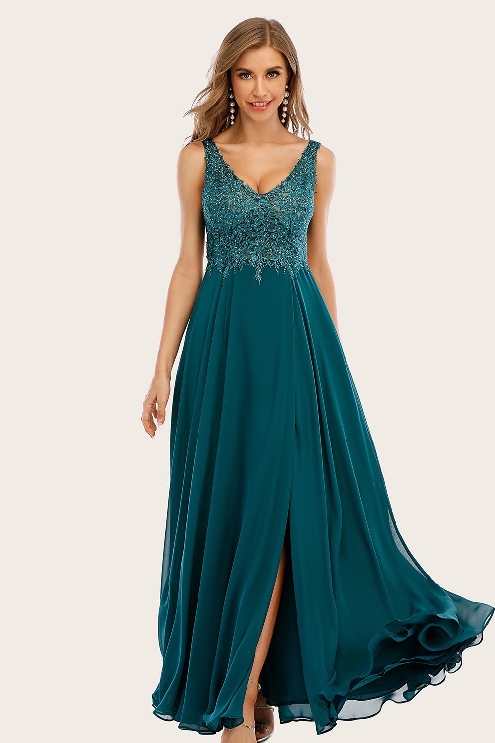 Robe turquoise de long prom de mousseline de soie avec perlé
